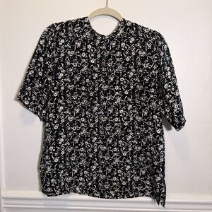 Silk Studio Claude Bennett 100% Silk Blouse 12 Black White Floral Quiet Luxury